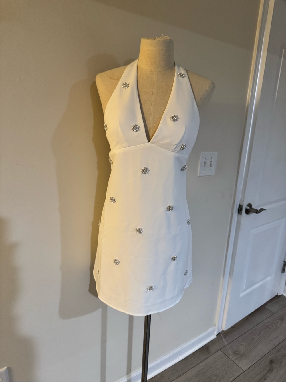 Macy's White Halter Mini Dress with Crystal Floral Accents